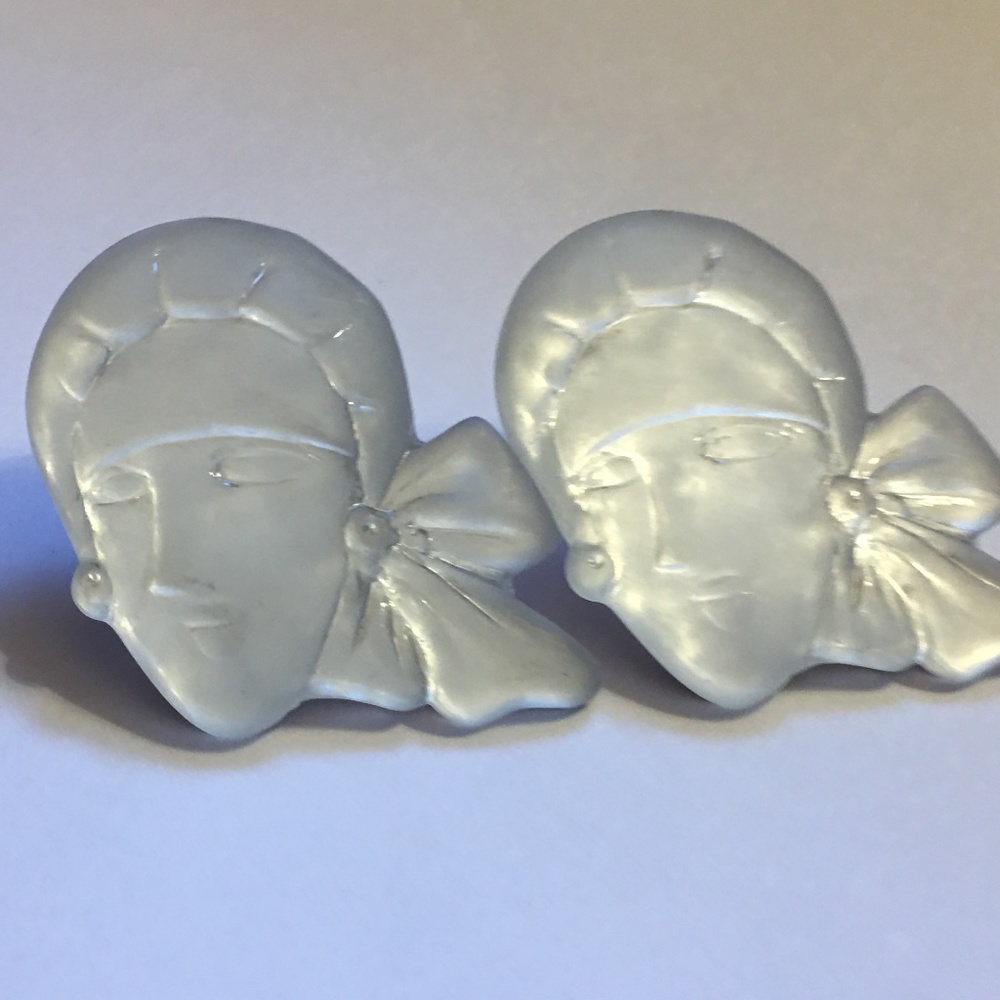 Vintage 80s Abstract Face Earrings Pearlized 
Frosted Statement Art Deco Style